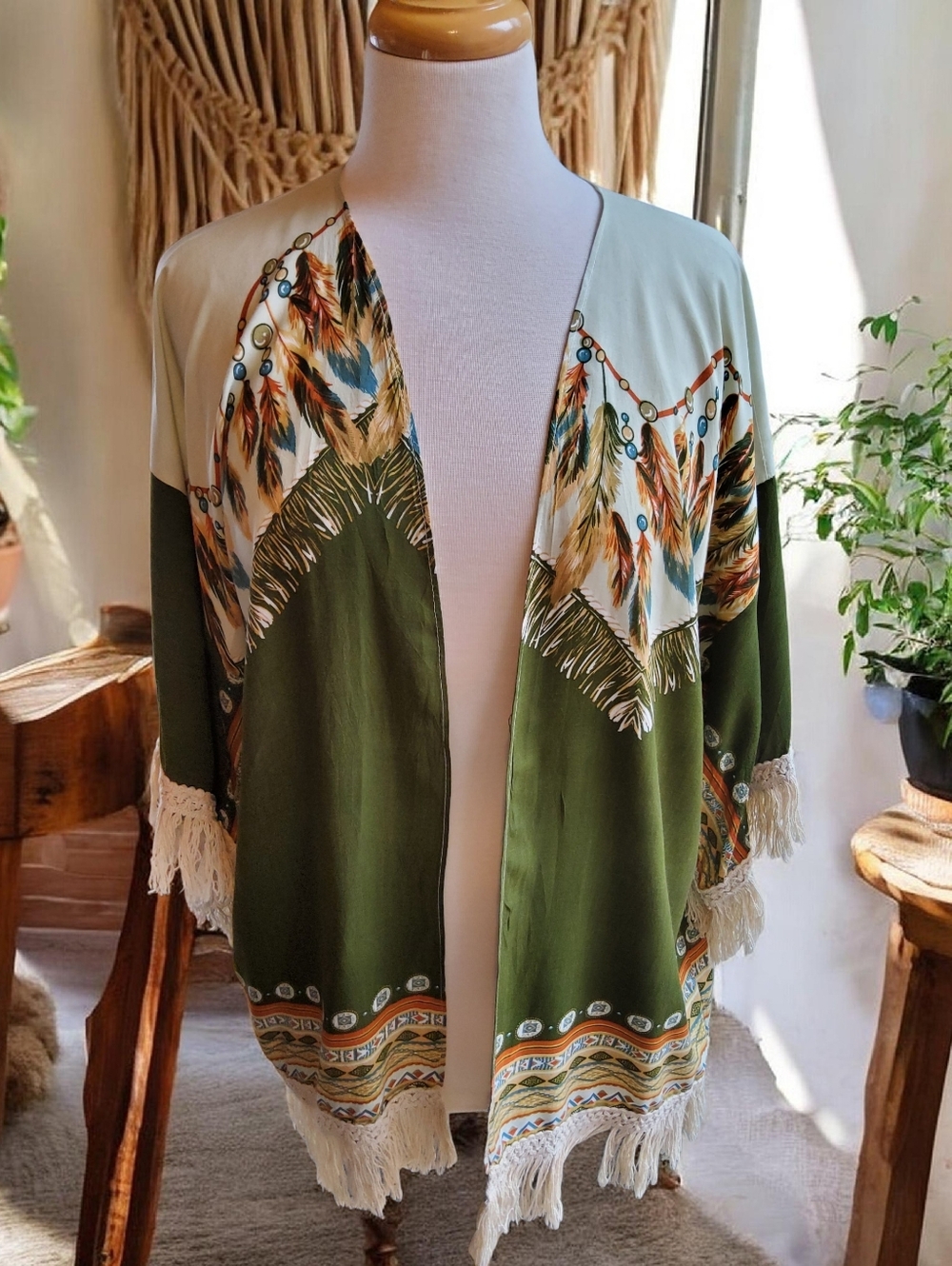 Selfie Coutour By Trendology Olive Green Fringe Open Kimono with Feather Print